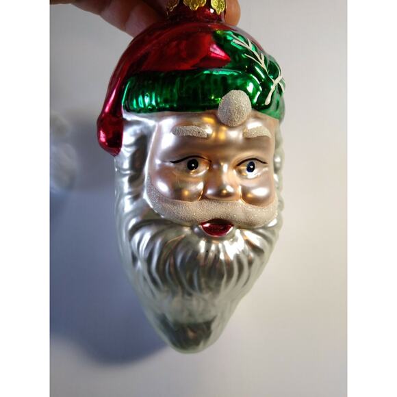 Huge Santa Claus Head Christmas Tree Ornament 8" Glitter Glass Moustache Holiday - Picture 6 of 8